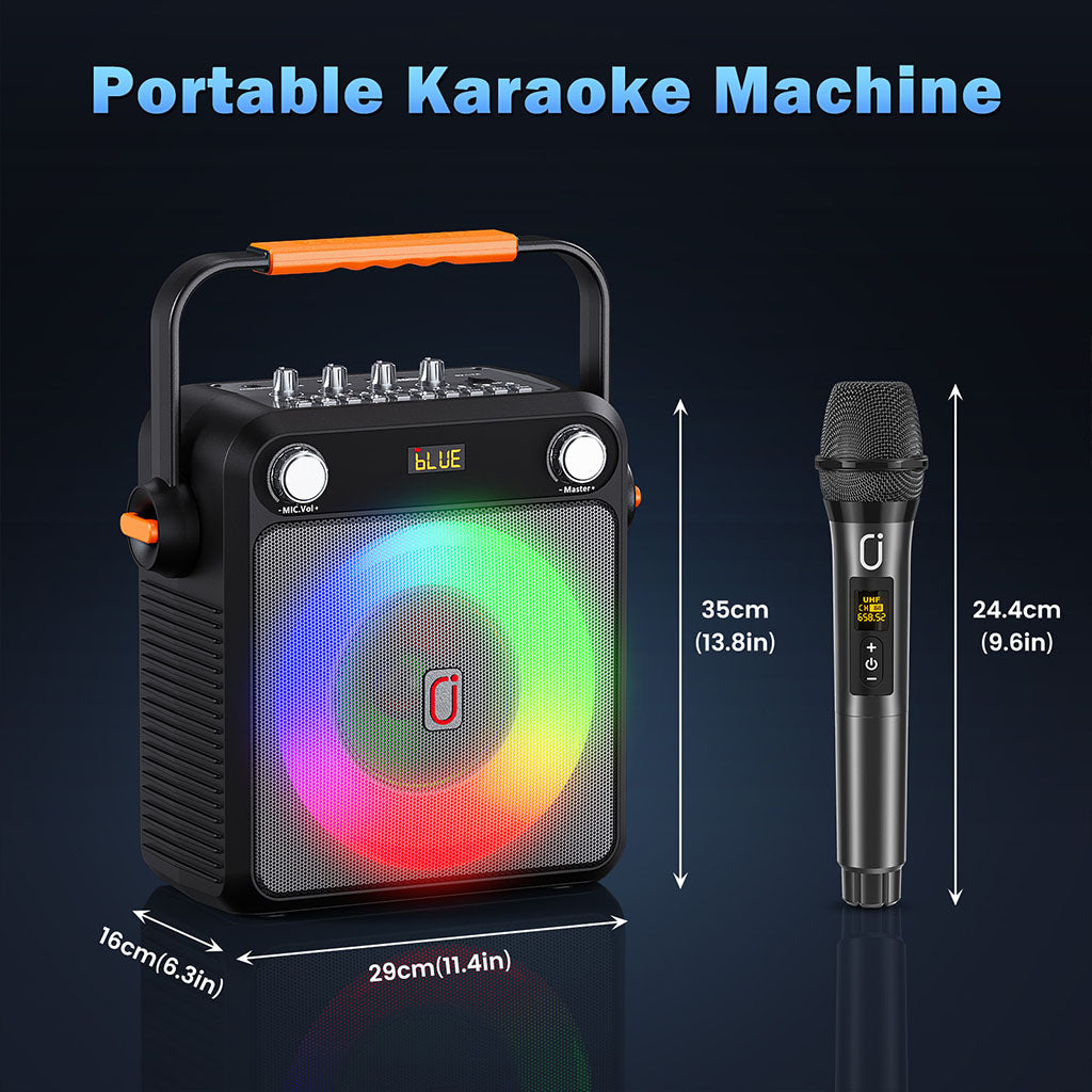 JYX T23-T portable karaoke machine with dimensions 29*16*35cm (11.4*6.3*13.8 in) and microphone length of 24.4cm (9.6in).