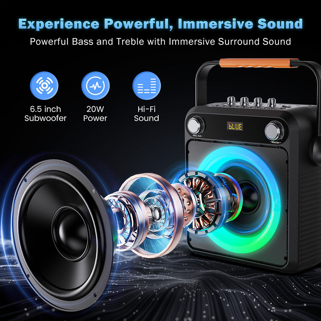 JYX T23-T portable karaoke speaker with 6.5" subwoofer, 20W power, and Hi-Fi surround sound.