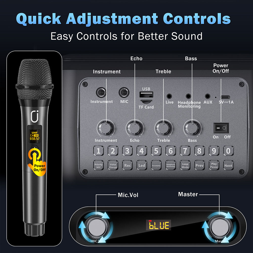 Easy-to-use control panel for sound adjustment on the JYX T23-T portable Bluetooth karaoke speaker.