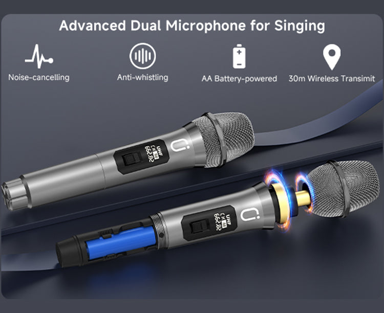 Advanced dual noise-cancelling microphones for singing, AA battery-powered, 30m wireless range.