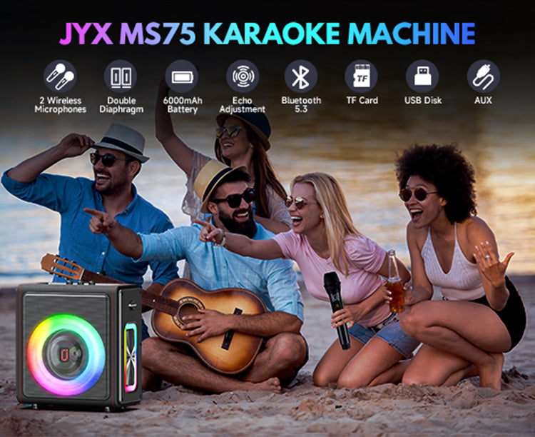 JYX MS75 karaoke machine with 2 wireless mics, 6000mAh battery, echo adjustment, Bluetooth 5.3, TF card, USB, and AUX.