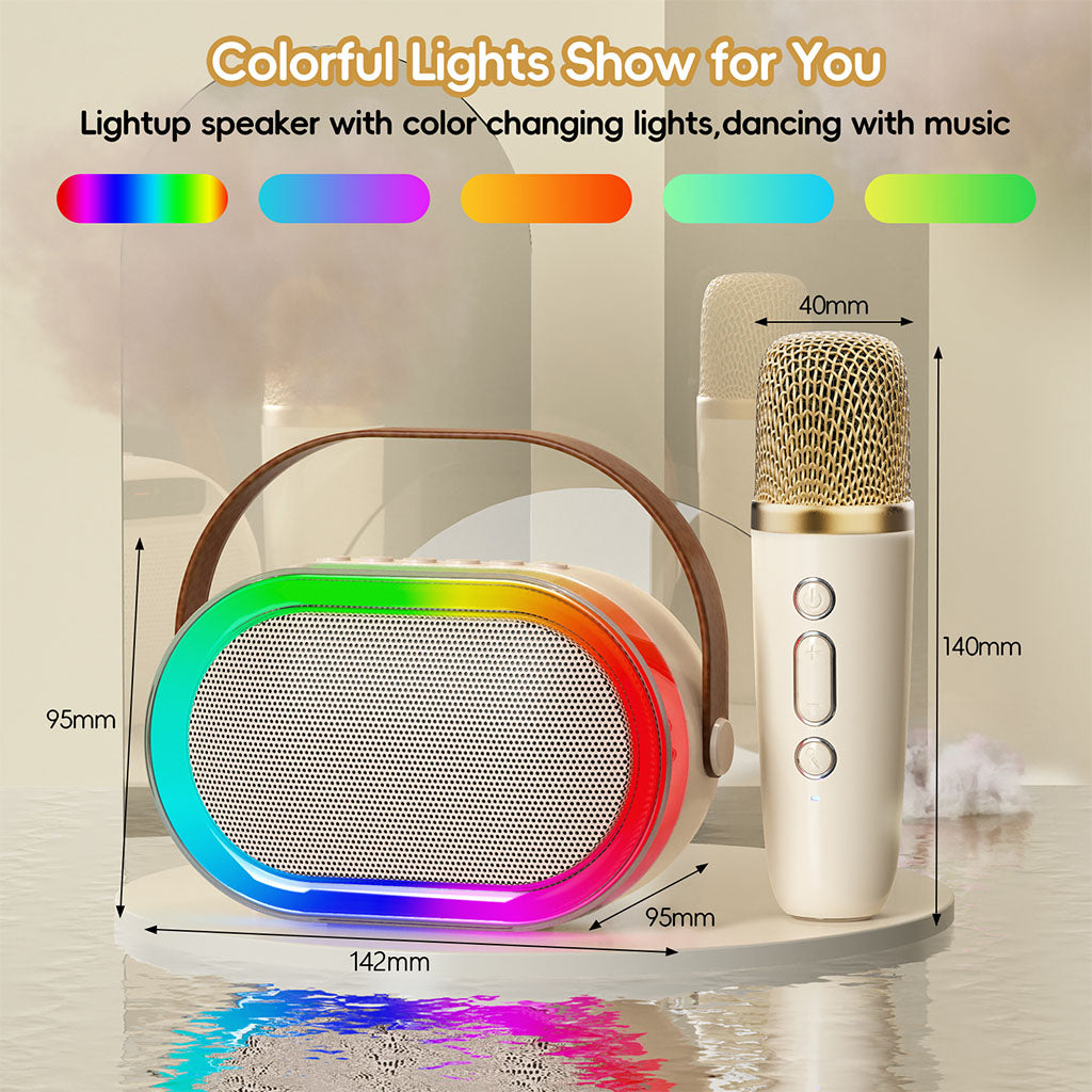 D35 kids' karaoke machine with 2 wireless mics, color-changing lights.