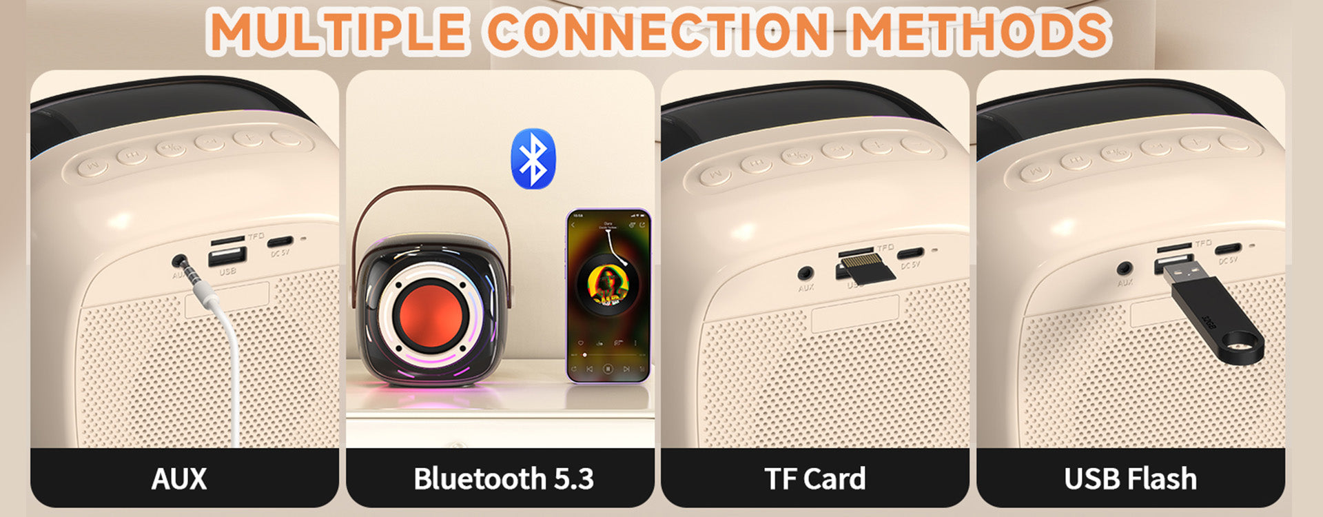 Multiple connection methods for JYX D39 karaoke machine: AUX, Bluetooth 5.3, TF card, and USB flash.