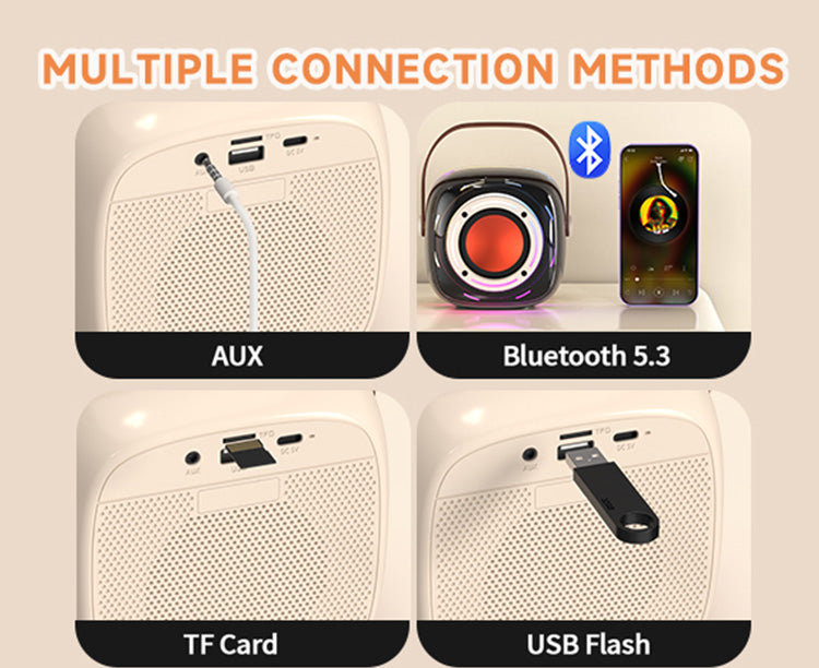 Multiple connection methods for JYX D39 karaoke machine: AUX, Bluetooth 5.3, TF card, and USB flash.