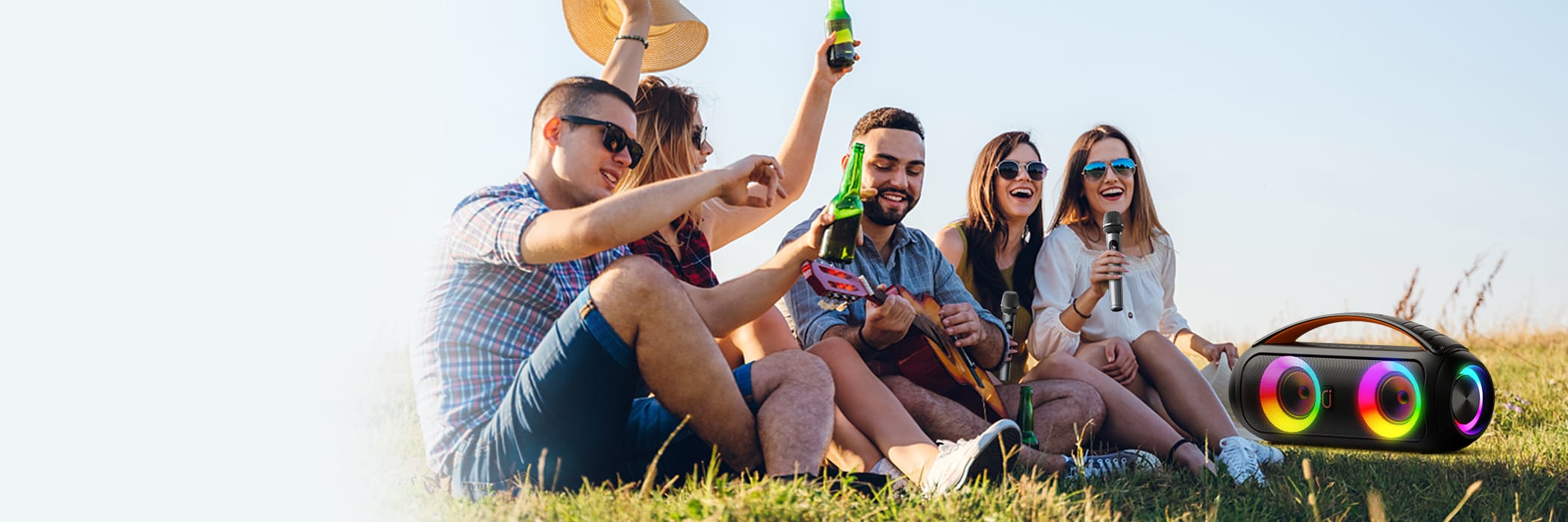 outdoor party with JYX D16T karaoke machine with two wireless microphones