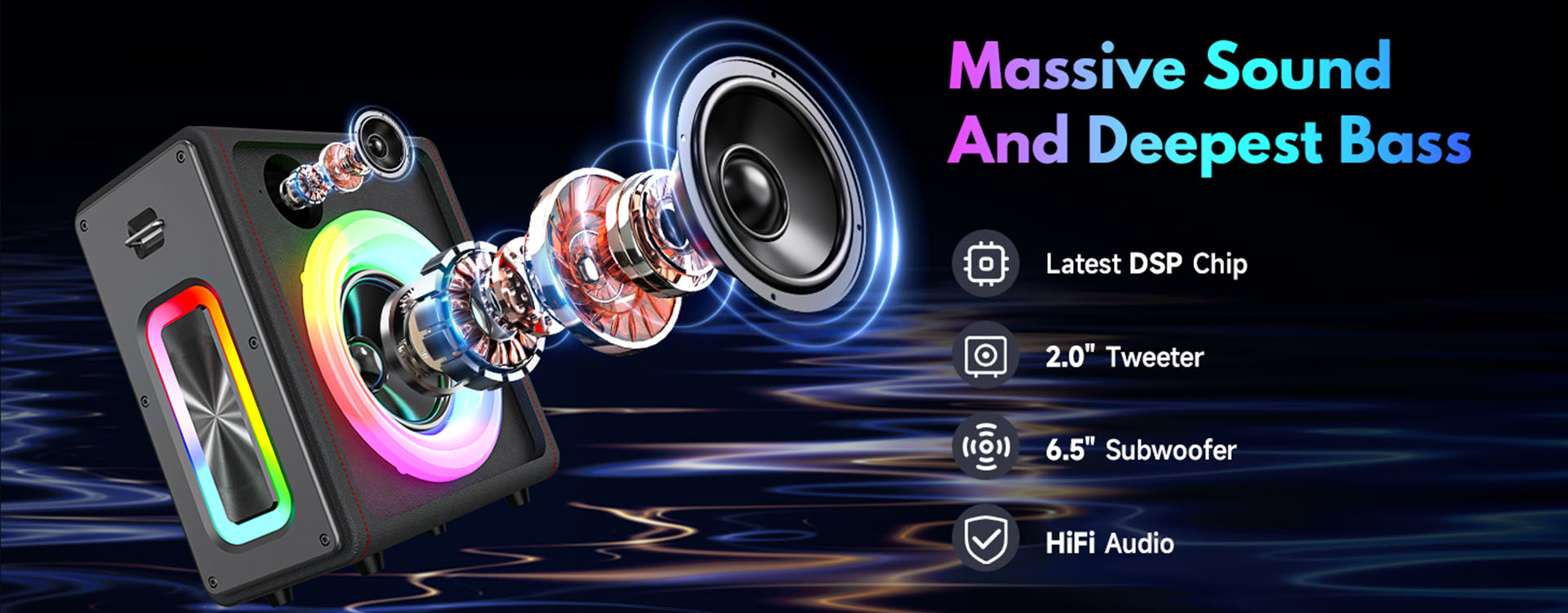 JYX MS75 portable karaoke speaker with massive sound, deep bass, latest DSP chip, 2.0" tweeter, 6.5" subwoofer, and HiFi audio.