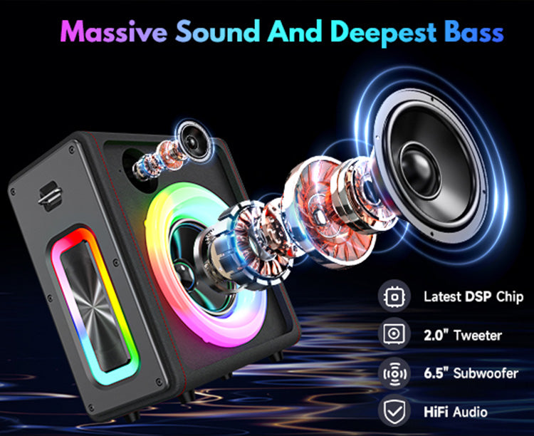 JYX MS75 portable karaoke speaker with massive sound, deep bass, latest DSP chip, 2.0" tweeter, 6.5" subwoofer, and HiFi audio.