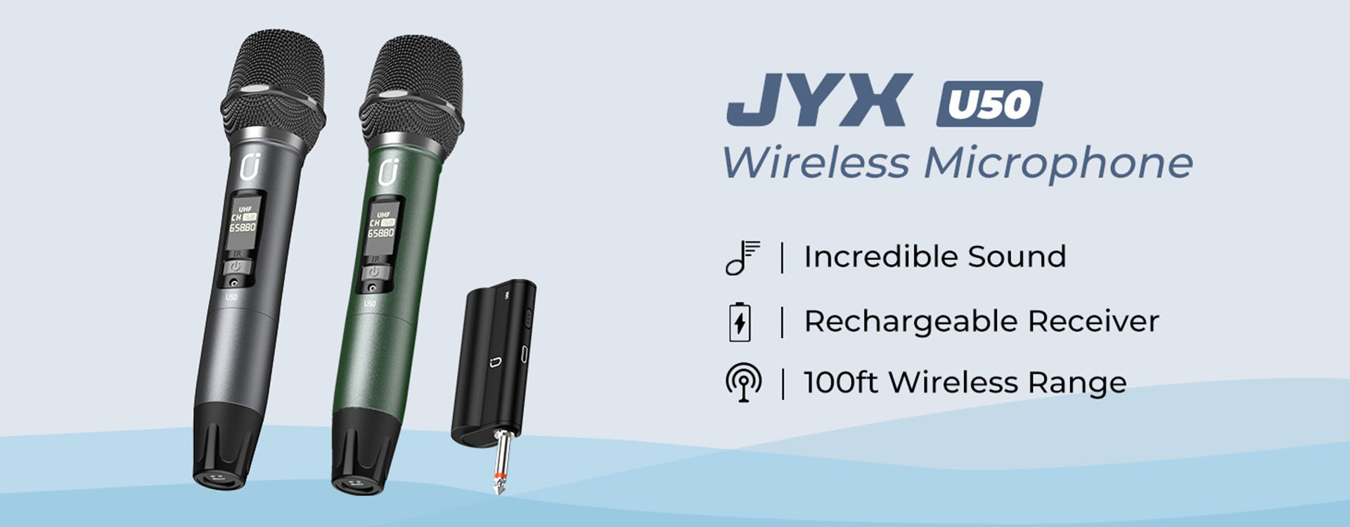 This JYX U50 wireless microphone set features a rechargeable receiver and delivers incredible sound. With a 100-foot wireless range, it allows for convenient operation from a distance.