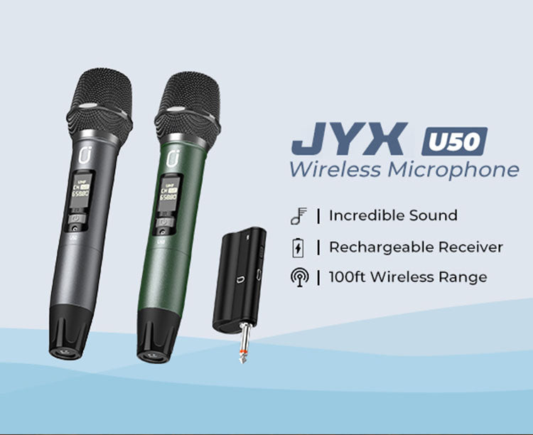 This JYX U50 wireless microphone set features a rechargeable receiver and delivers incredible sound. With a 100-foot wireless range, it allows for convenient operation from a distance.