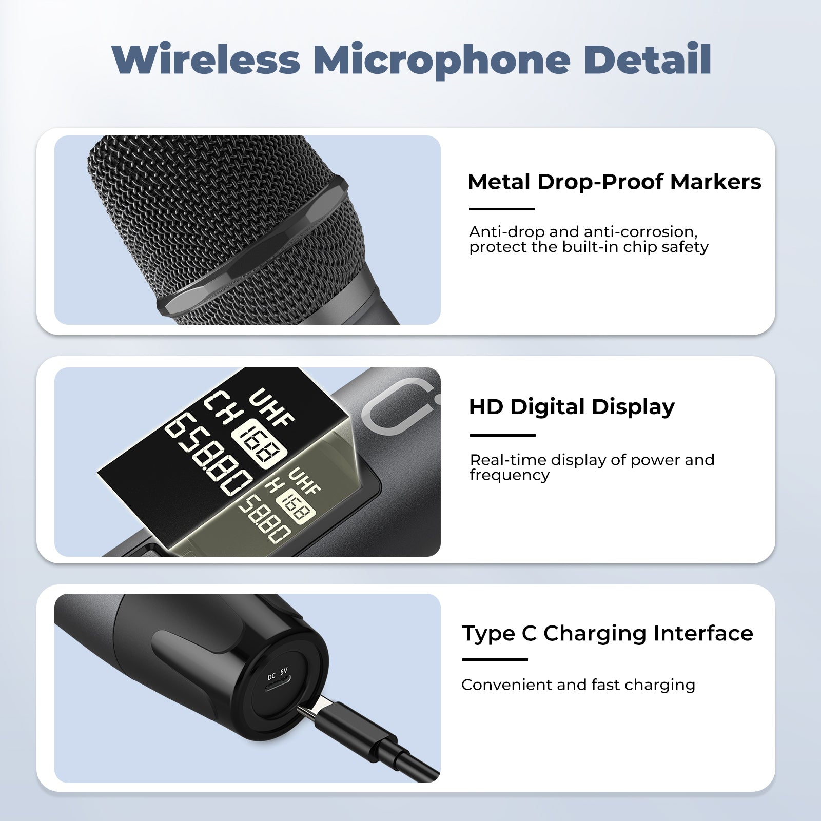 JYX U50 dual wireless mic has metal drop-proof markers, HD display for real-time power/frequency, and a convenient Type C charging interface.