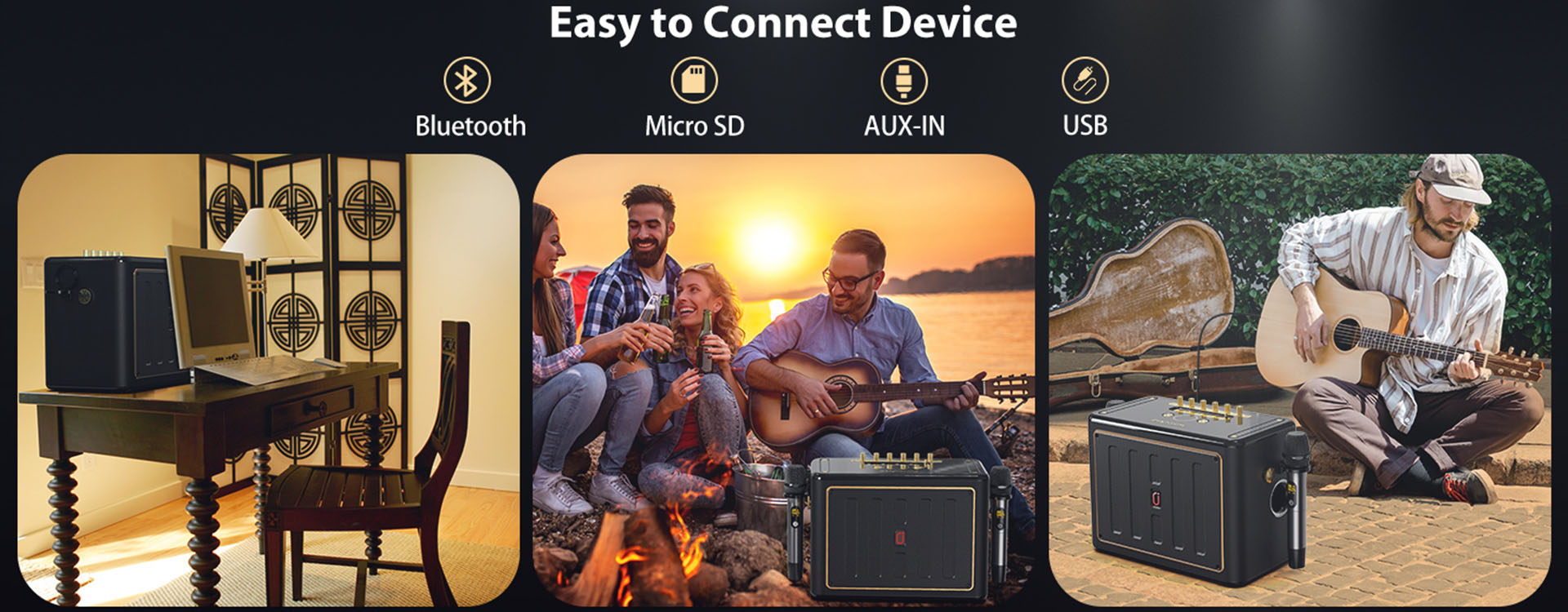 Easy device connection with Bluetooth, Micro SD, AUX-IN, and USB on the JYX NX202 stereo karaoke machine.