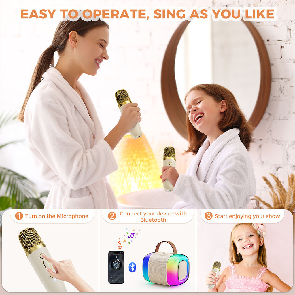 Easy-to-use JYX D33 karaoke machine for kids with Bluetooth connectivity and wireless mic.