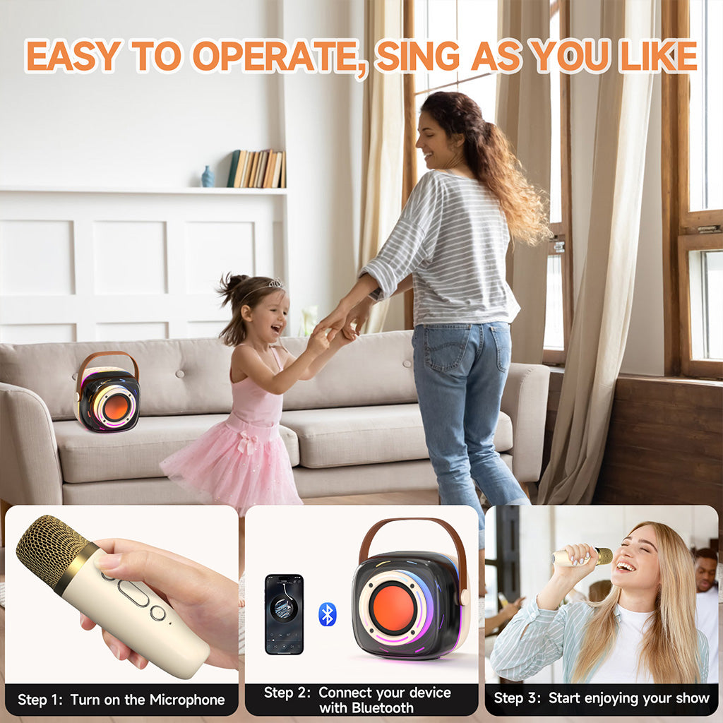 JYX D39 karaoke machine with 2 wireless microphones, easy to operate, Bluetooth connection for instant fun. Ideal for kids and adults to enjoy singing.