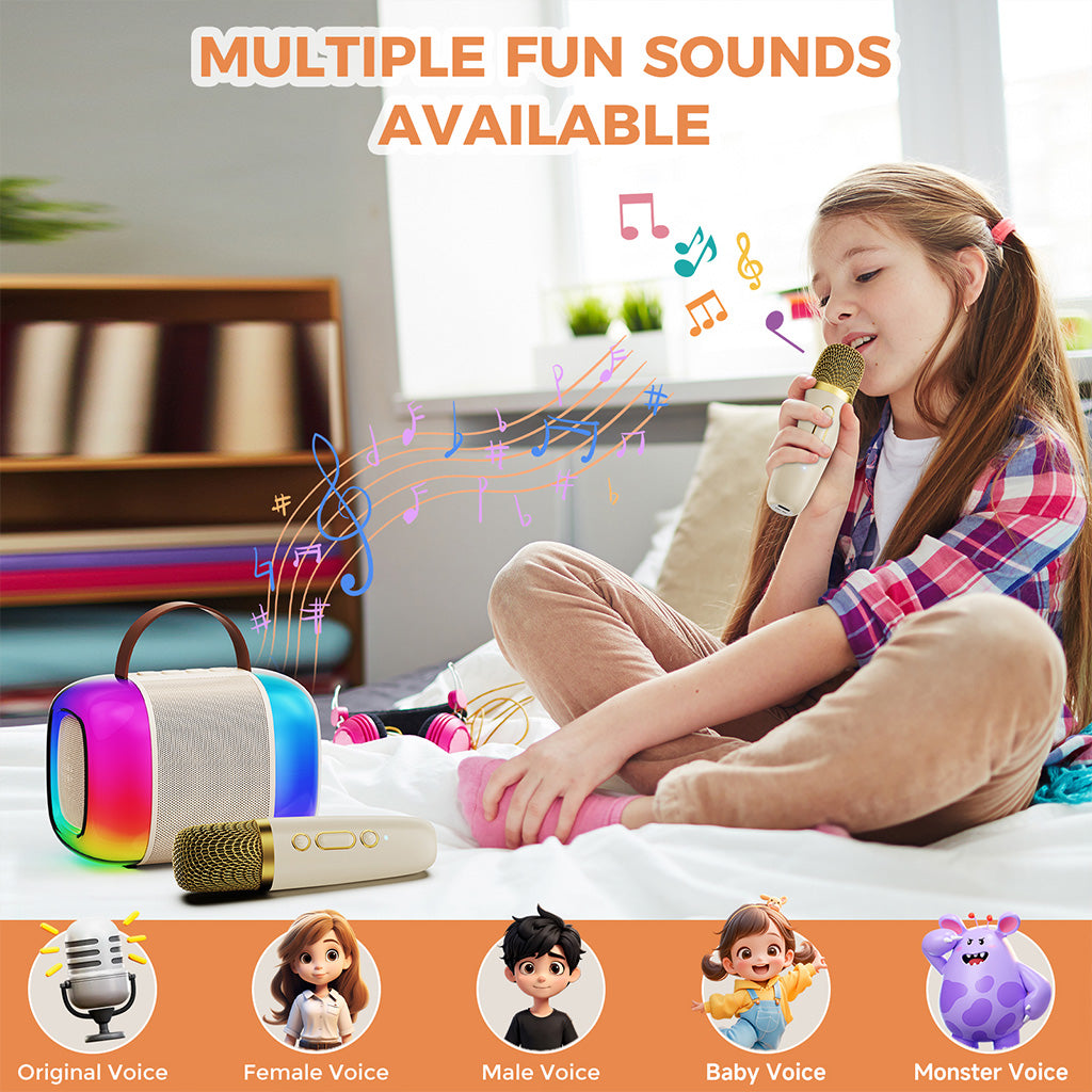 JYX D33 kids karaoke machine with multiple fun voice effects: original, female, male, baby, and monster voices.