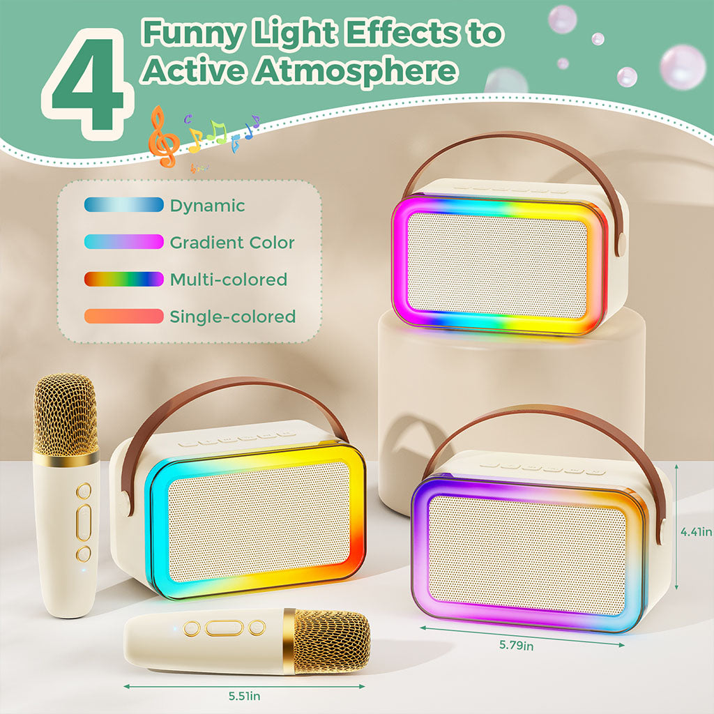 D36 karaoke machine with dynamic gradient, multi-colored, and single-colored light effects to enhance the atmosphere.