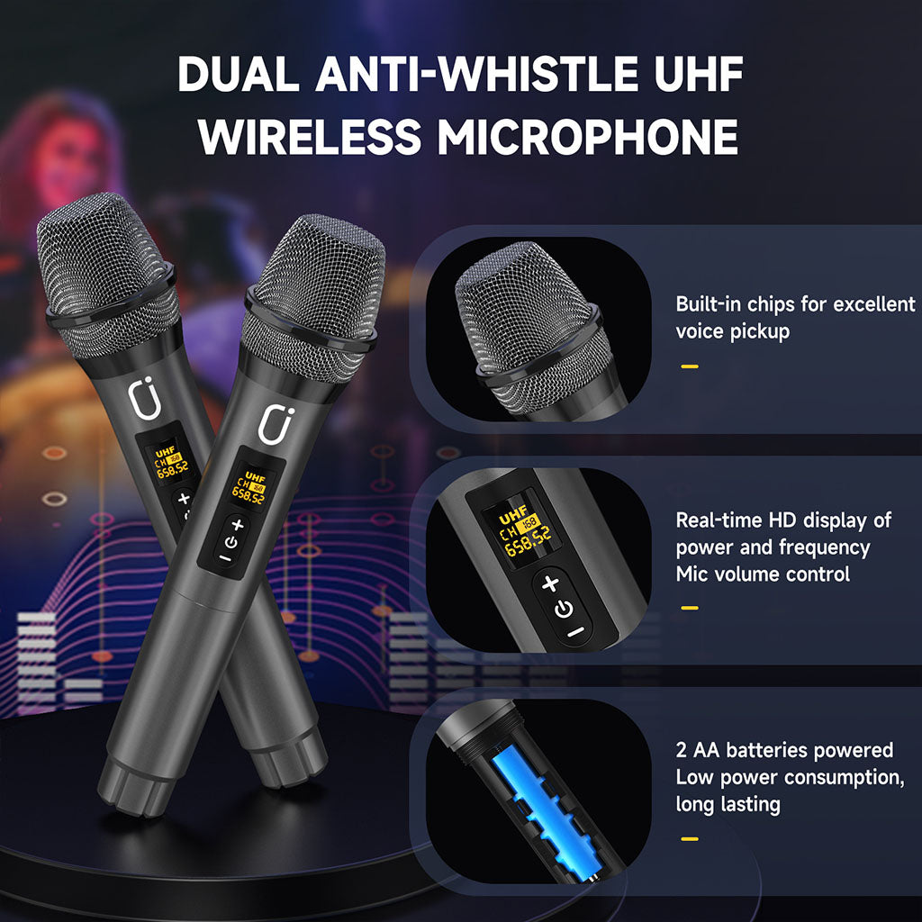 Dual UHF wireless microphones with excellent voice pickup and real-time HD display.