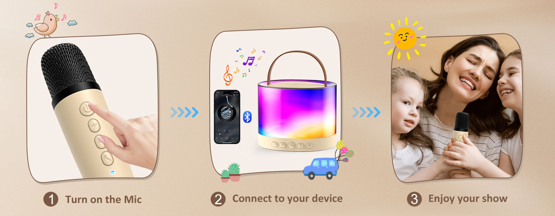 Use JYX D23 in just 2 steps for Mini Karaoke Machine for Kids with Wireless Microphones.