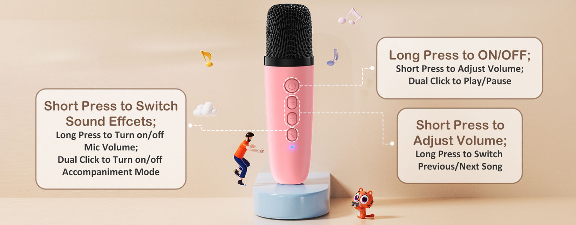 Microphone button instructions for JYX D23 Mini Karaoke Machine for Kids with Wireless Microphones.