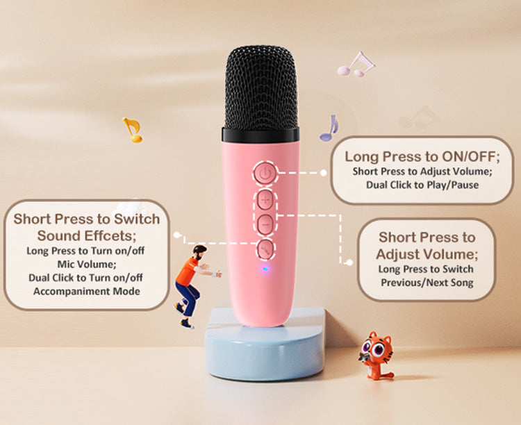 Microphone button instructions for JYX D23 Mini Karaoke Machine for Kids with Wireless Microphones.