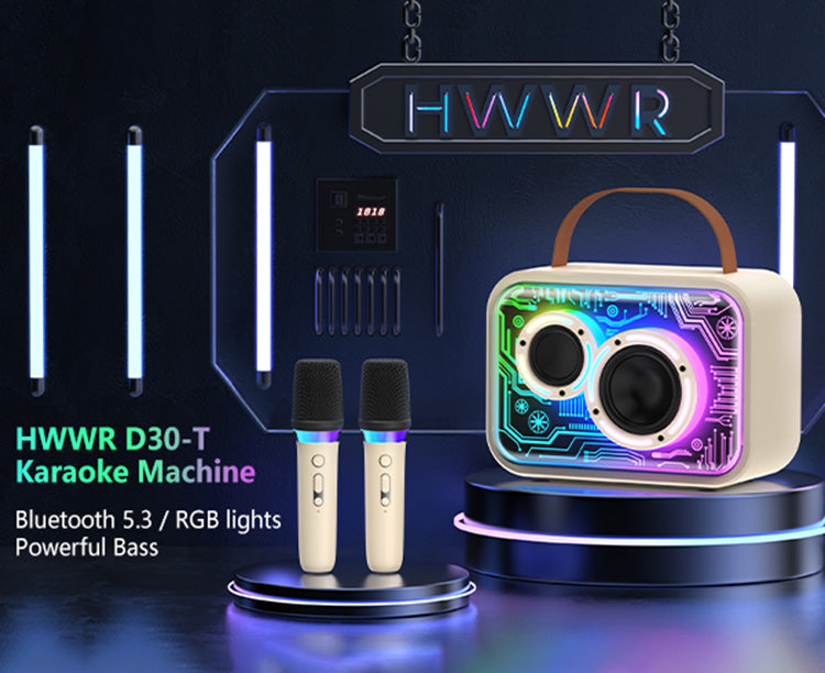 JYX D30 Singing Machine Karaoke Bluetooth with Wireless Mic, featuring Bluetooth 5.3, RGB lights, and powerful bass.