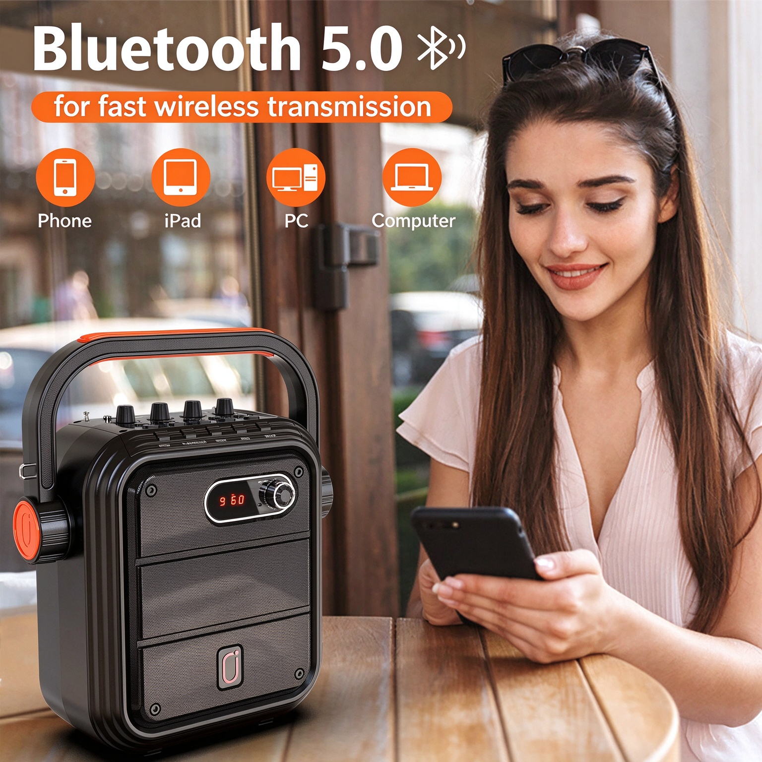 JYX 66BT portable speaker beside a woman using her smartphone, illustrating Bluetooth 5.0 wireless audio streaming from phones, tablets, and computers.