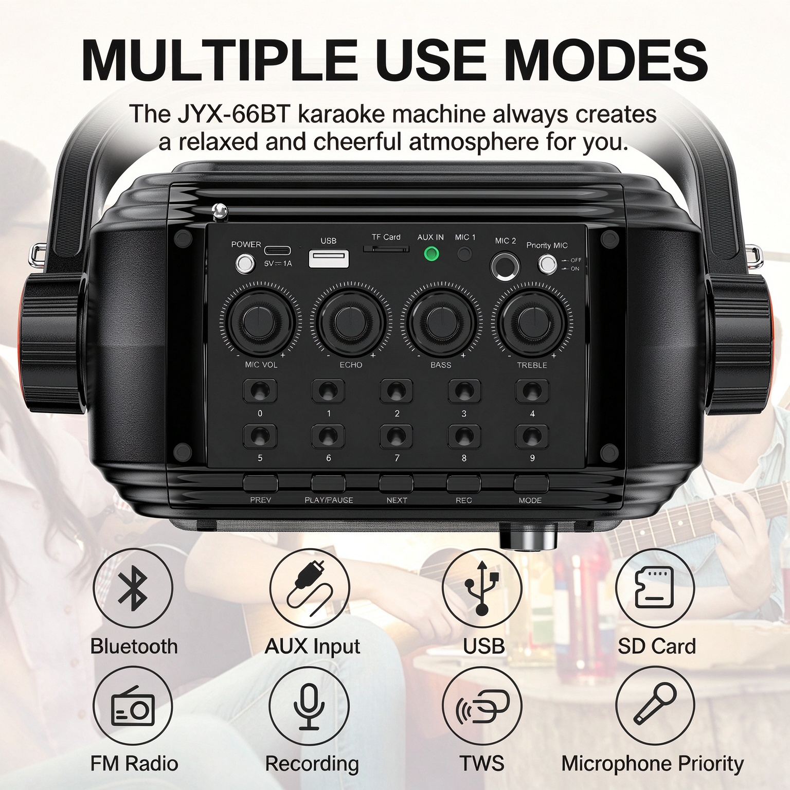 JYX 66BT karaoke speaker control panel featuring Bluetooth, AUX input, USB, SD card, FM radio, recording, TWS pairing, and microphone priority controls.