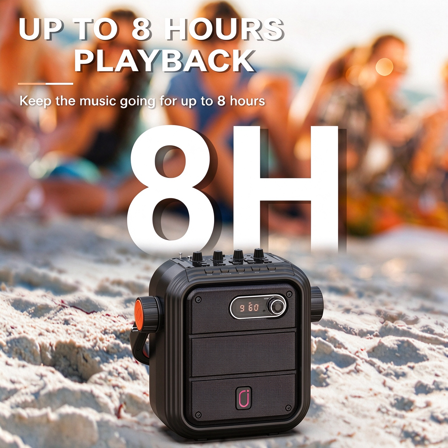JYX 66BT portable karaoke speaker displayed on a beach, highlighting up to 8 hours of music playback for outdoor gatherings and leisure activities