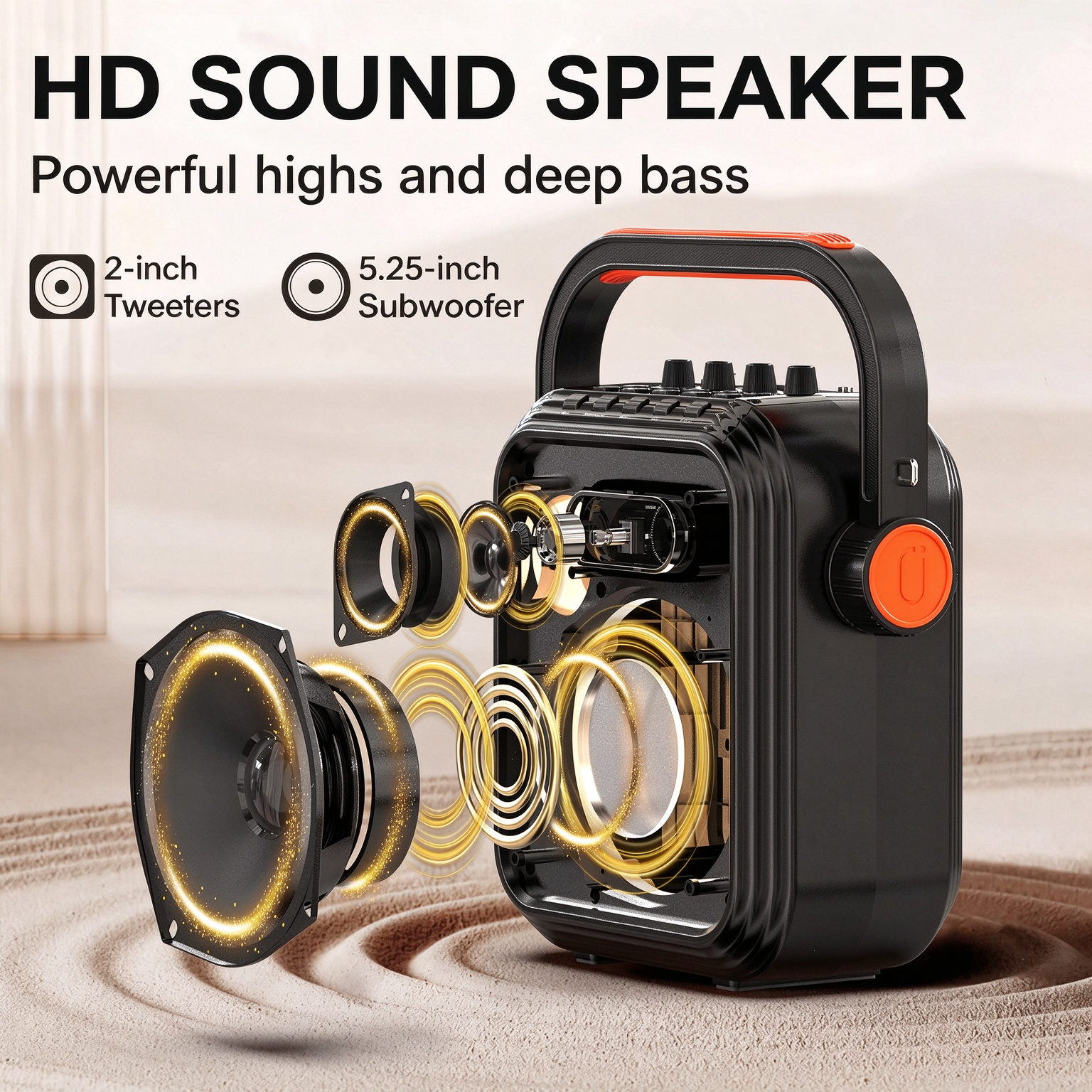 JYX 66BT karaoke speaker with an exploded driver illustration highlighting the 2-inch tweeters and 5.25-inch subwoofer for clear highs and deep bass.