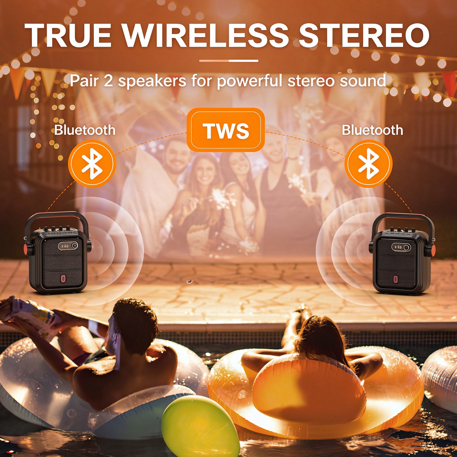 Two JYX 66BT portable karaoke speakers paired for TWS wireless stereo sound at a pool party, with Bluetooth connectivity and synchronized music playback