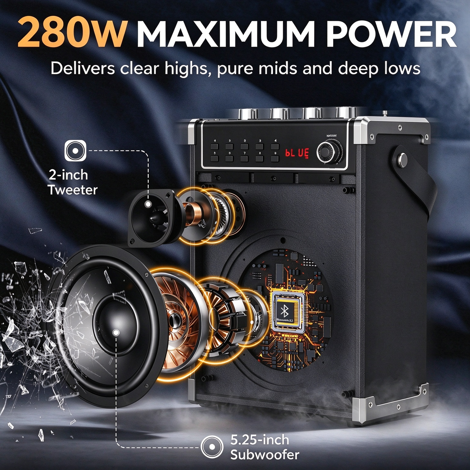 JYX 69BT karaoke speaker with an exploded driver illustration highlighting the 2-inch tweeter, 5.25-inch subwoofer, and advertised 280W maximum power output.