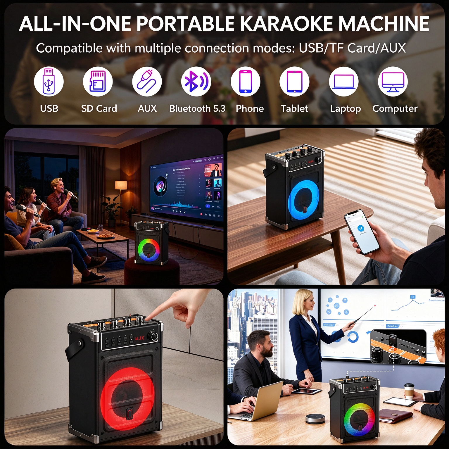 JYX 69BT portable karaoke speaker supporting Bluetooth 5.3, USB, SD card, and AUX playback, shown in home entertainment, smartphone connection, and meeting-room settings.