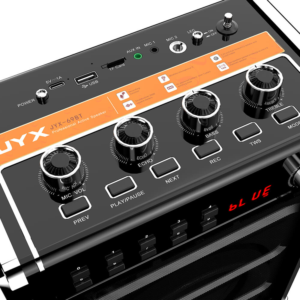 Close-up of the JYX 69BT top control panel with microphone volume, echo, bass, treble, playback buttons, USB, TF card, and AUX connections.