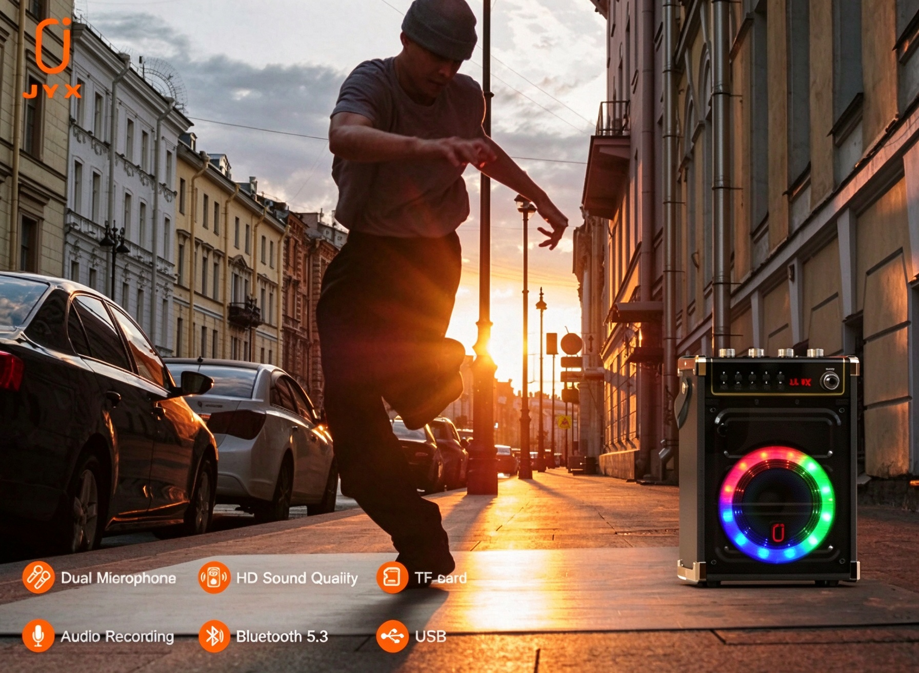 JYX 69BT portable karaoke speaker with colorful LED lighting in an urban street setting, featuring dual microphones, Bluetooth 5.3, USB playback, TF card support, and audio recording.