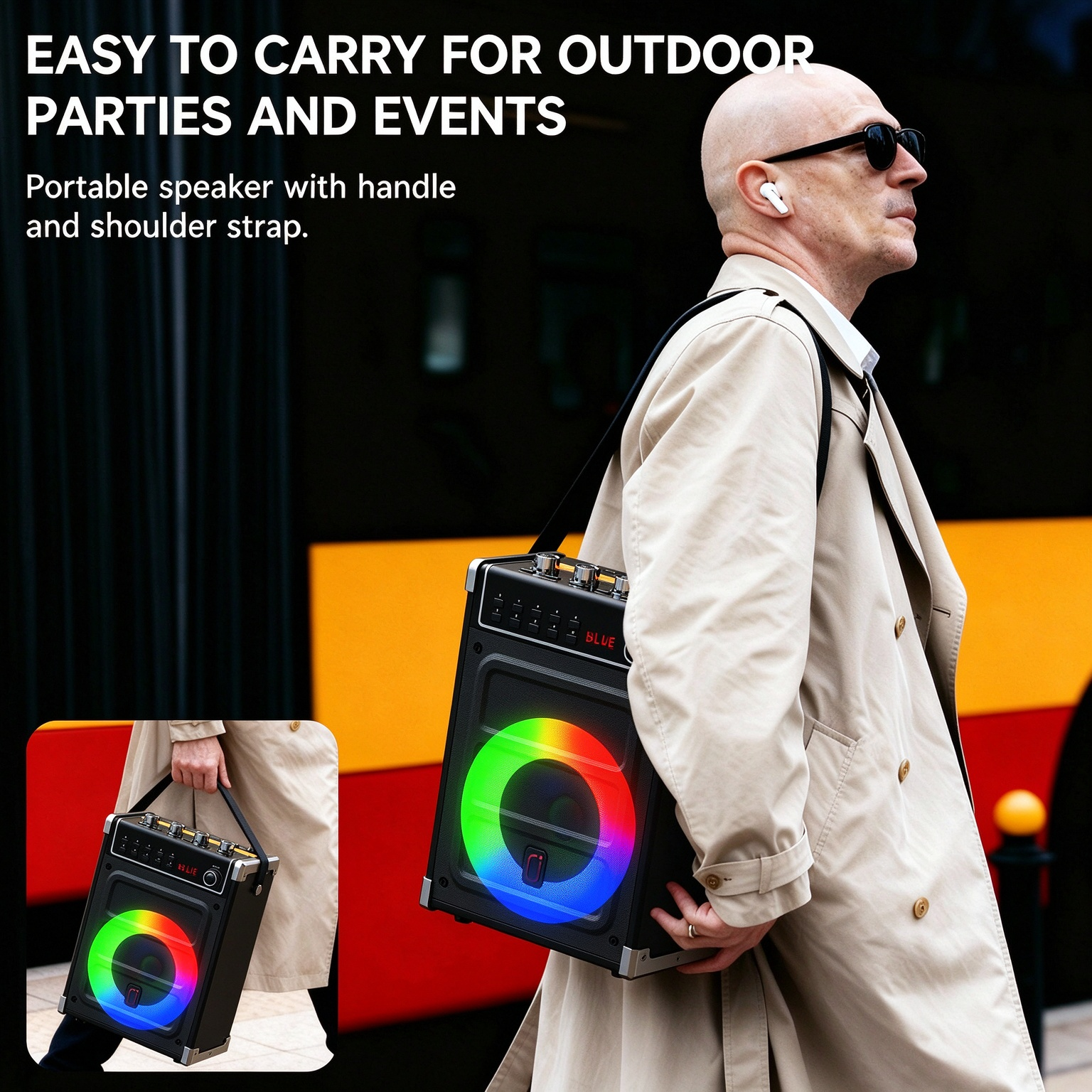A man carrying the JYX 69BT portable karaoke speaker with its shoulder strap, with an inset showing the built-in handle for convenient transport.