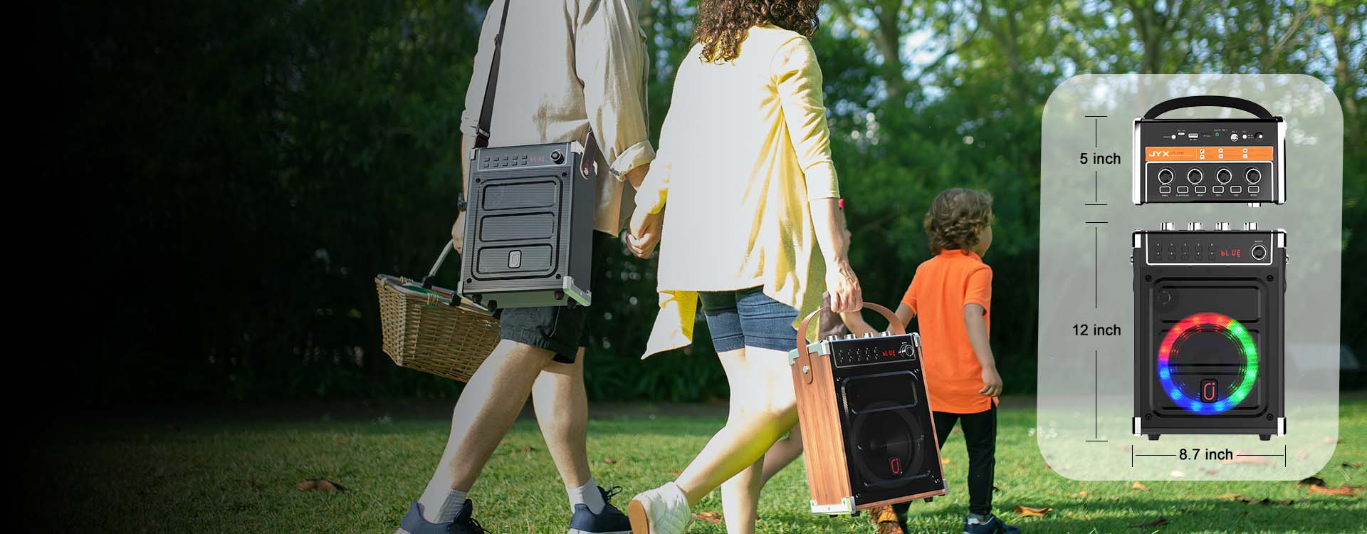 Family enjoying an outdoor walk with the JYX 69BT portable karaoke speaker, featuring a carry handle, shoulder strap, and dimensions of approximately 12 inches high, 8.7 inches wide, and 5 inches deep.
