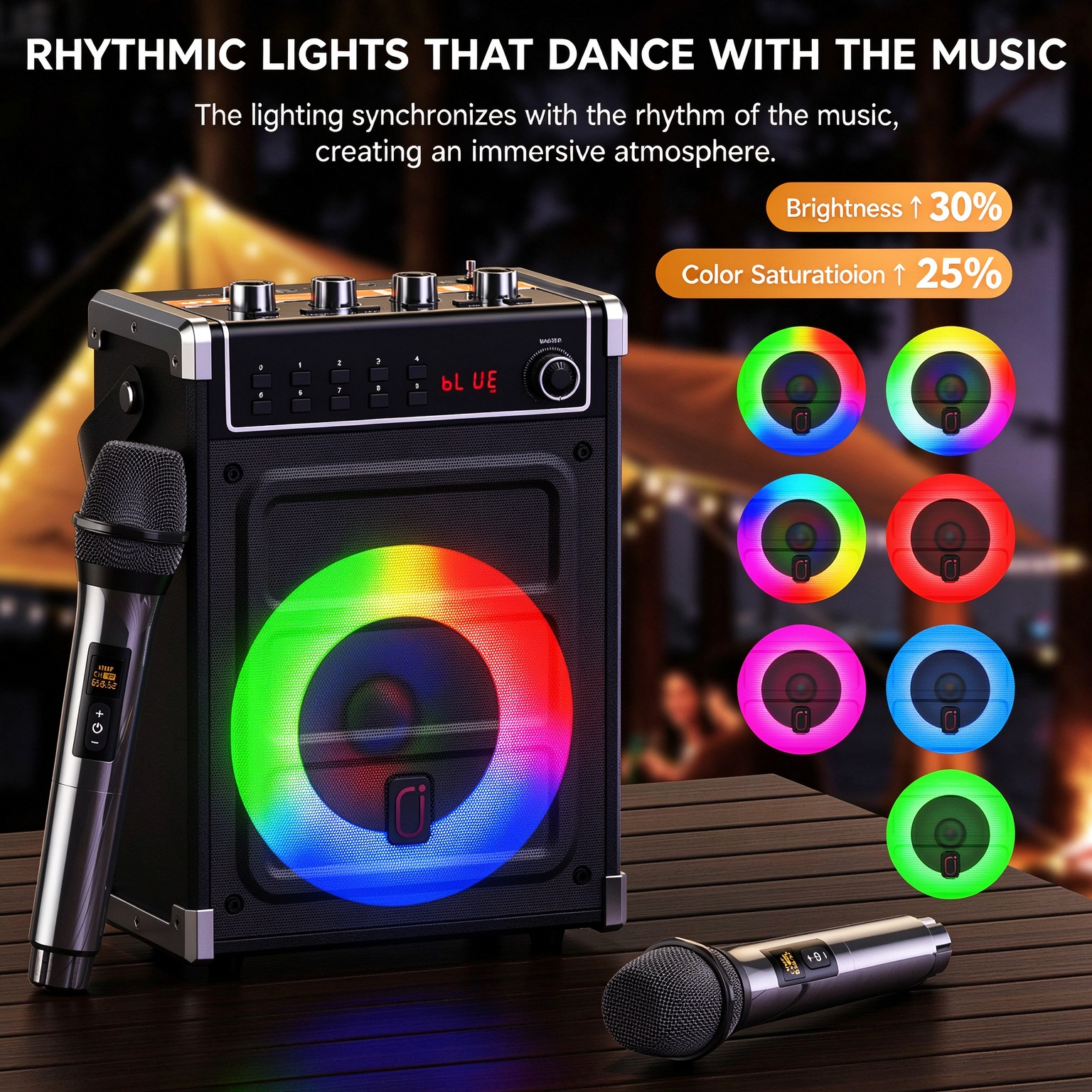 JYX 69BT karaoke speaker with a wireless microphone and multiple RGB LED color effects, illustrating lighting that synchronizes with music.