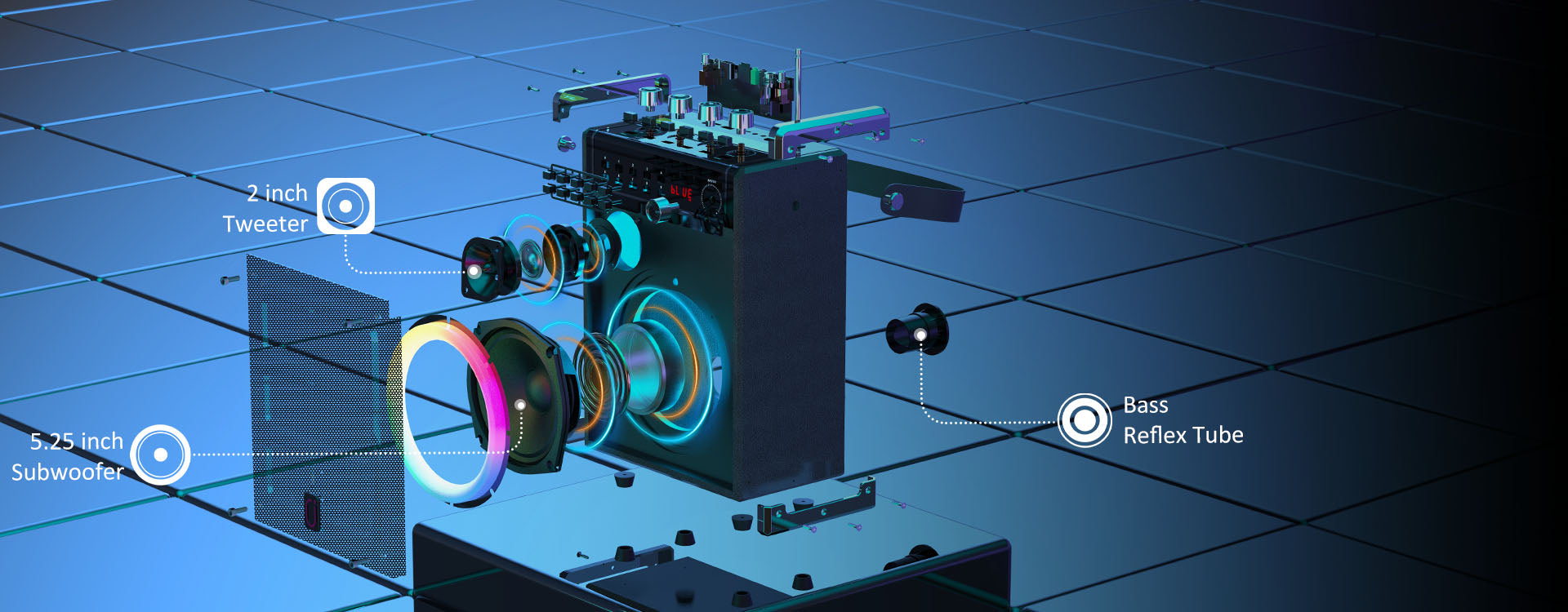 Exploded view of the JYX 69BT speaker components, highlighting the 2-inch tweeter, 5.25-inch subwoofer, and bass reflex tube.