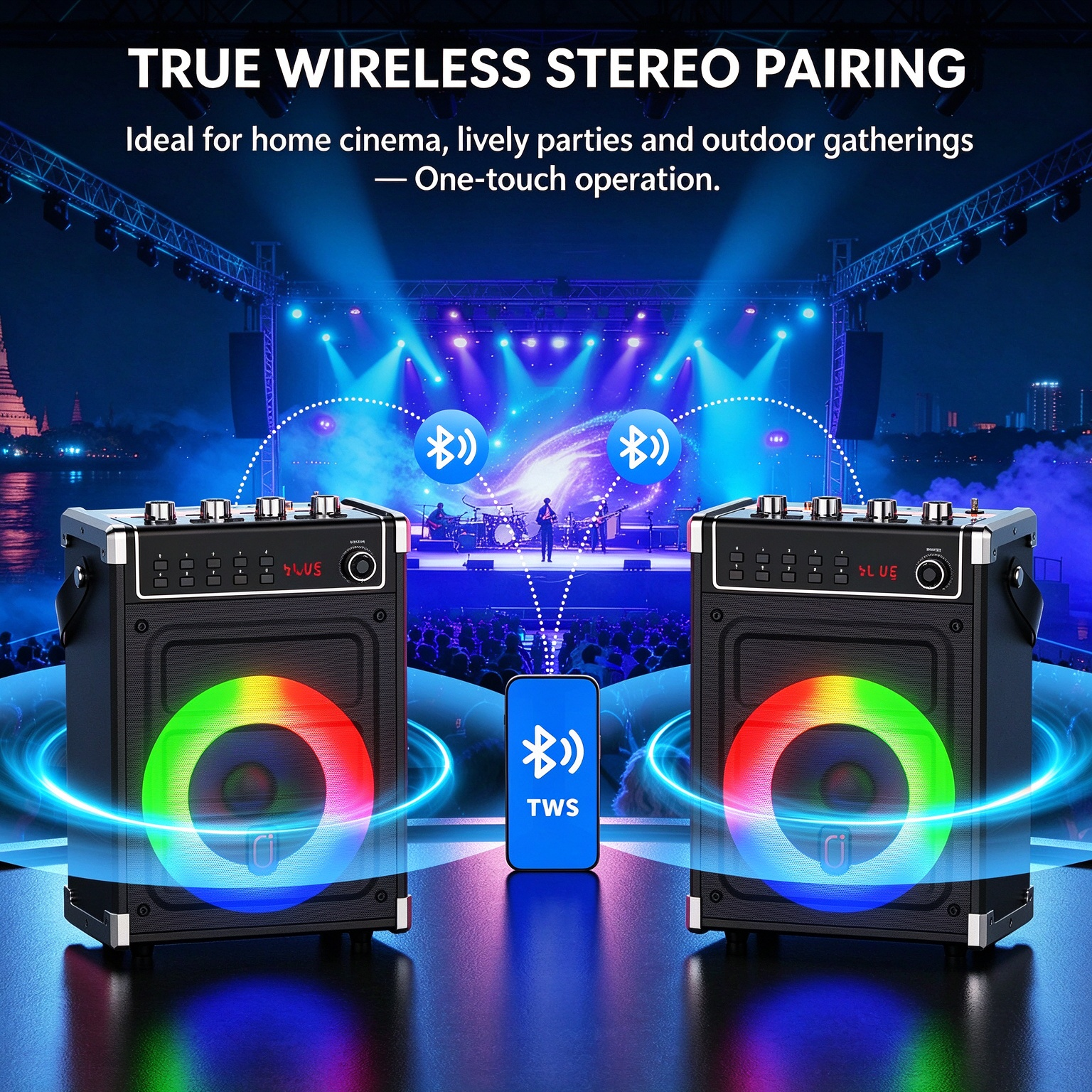 Two JYX 69BT karaoke speakers connected through TWS wireless stereo pairing, with synchronized RGB lights at a live outdoor concert.