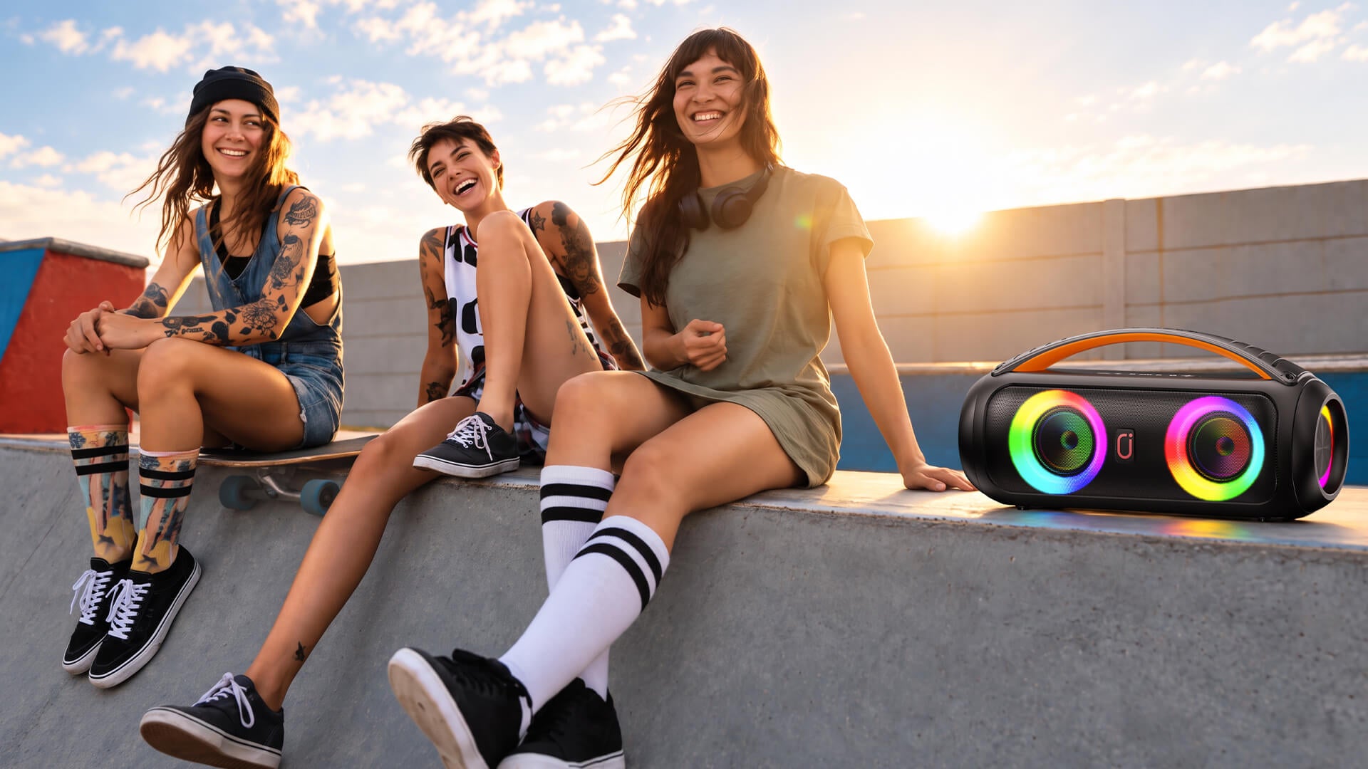 black jyx d16t portable speaker with multicolor light rings and a carry handle beside friends and skateboards at a skatepark.