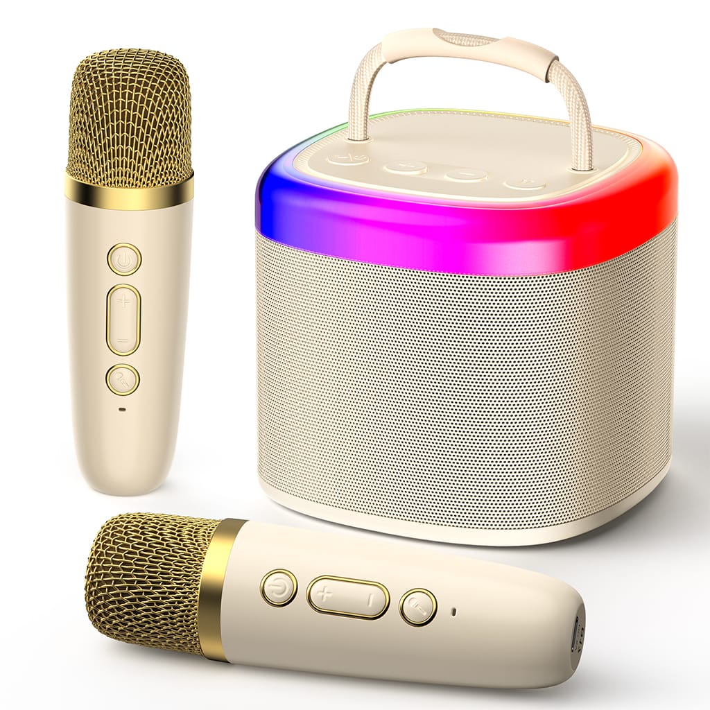JYX D17 beige portable karaoke speaker with colorful LED lighting and two matching wireless microphones featuring gold mesh grilles.