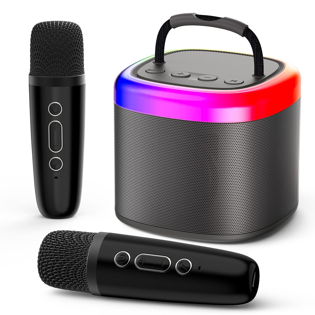 JYX D17 black karaoke speaker with RGB light effects, a carrying handle, and two black wireless microphones.