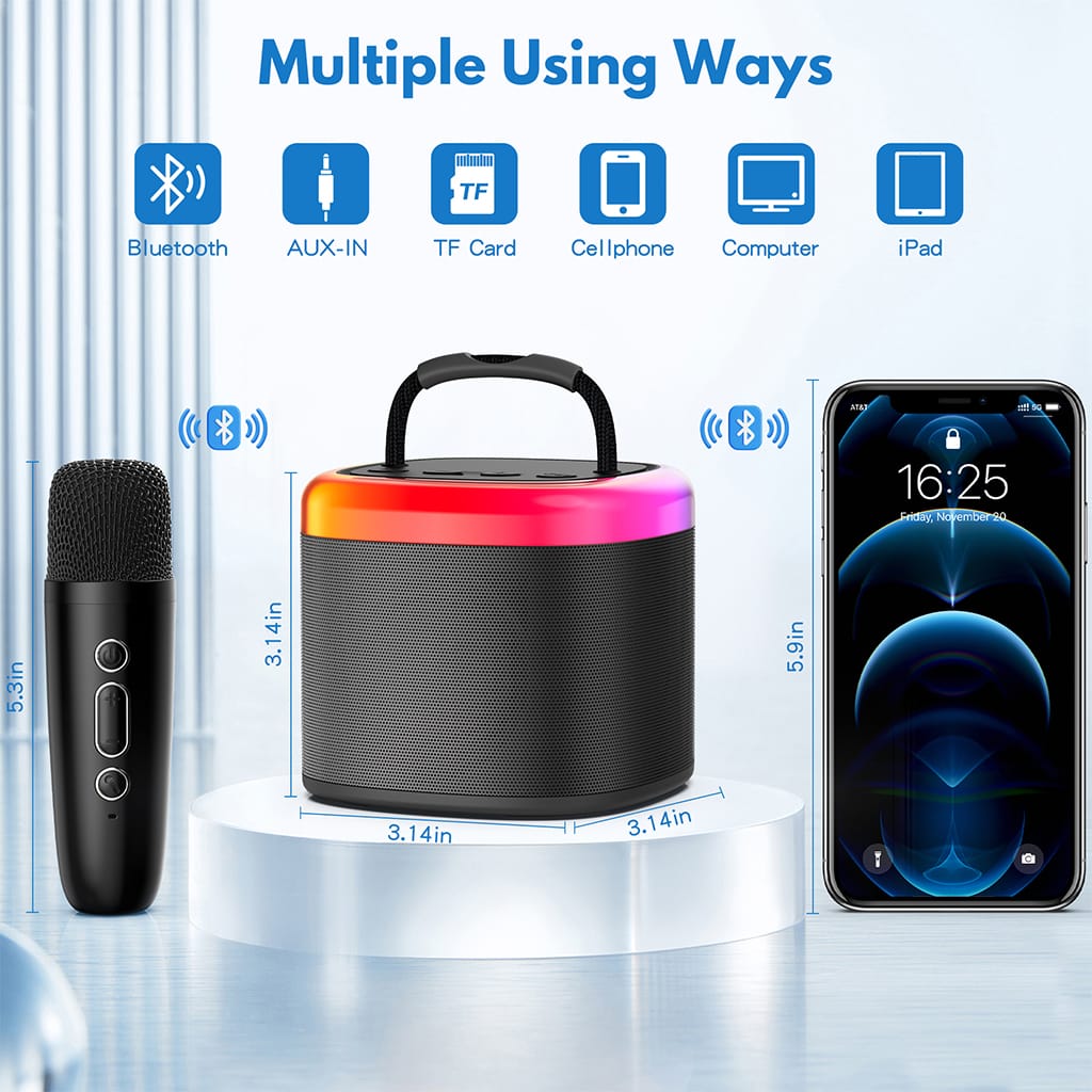 JYX D17 black karaoke speaker and wireless microphone displayed with Bluetooth, AUX, TF card, smartphone, computer, and tablet connectivity options, along with product dimensions.