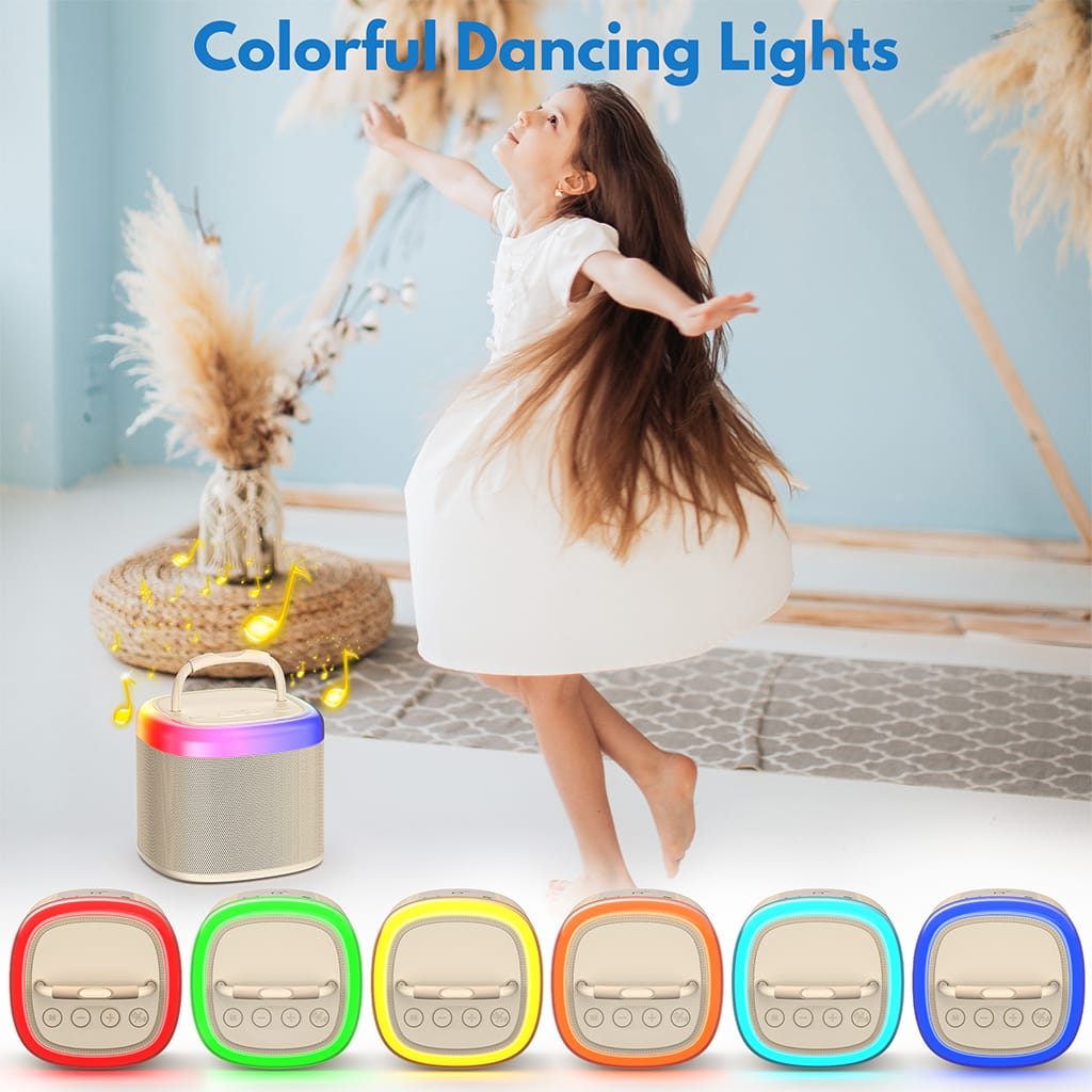 A child dances beside the JYX D17 karaoke speaker as its colorful LED lights glow, with six lighting color options displayed below.
