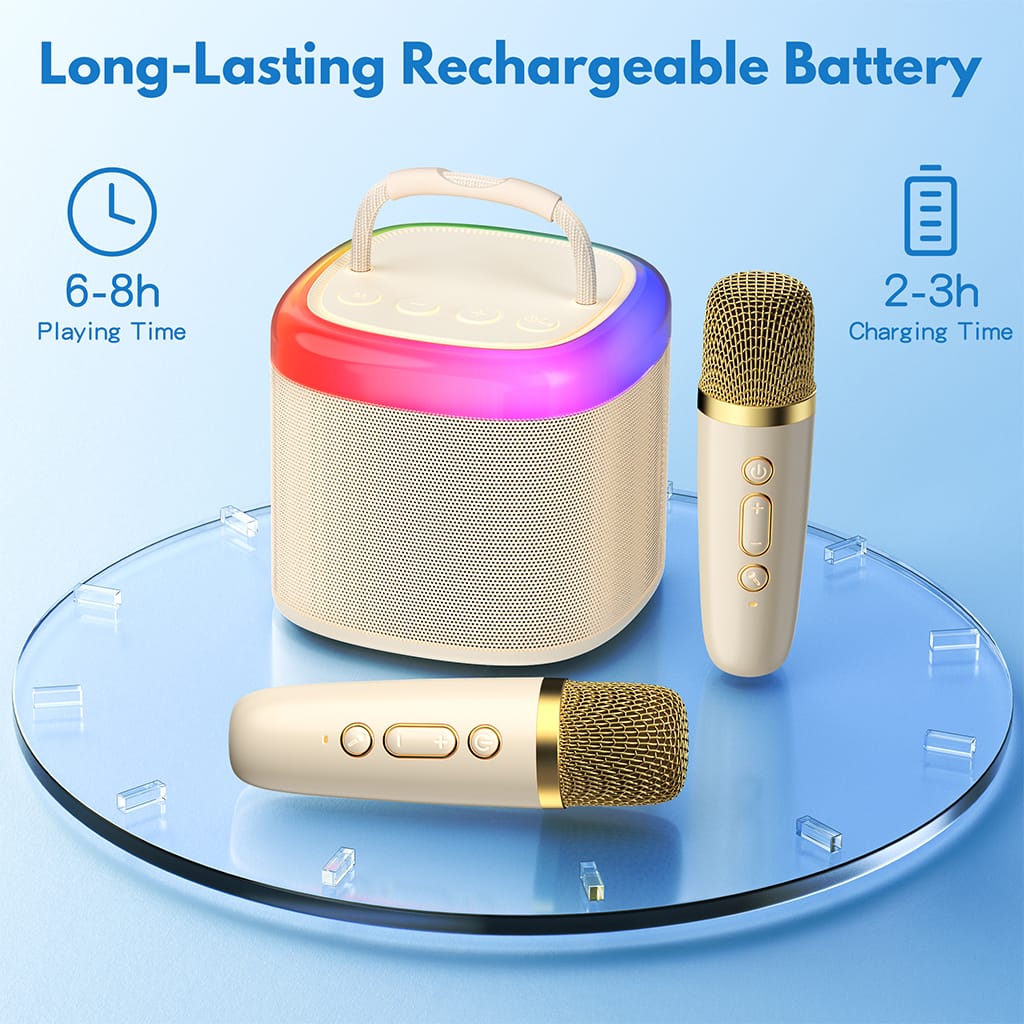 Beige JYX D17 karaoke speaker and two wireless microphones displayed with a stated 6–8 hours of playback and a 2–3 hour charging time.