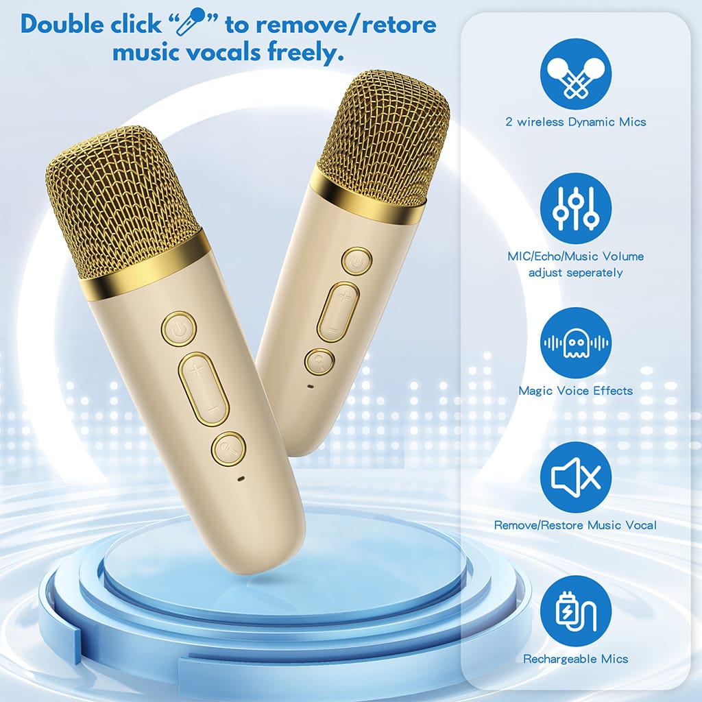 Two beige JYX D17 wireless microphones with gold mesh grilles illustrate voice effects, separate microphone and music volume controls, vocal removal, and rechargeable operation.