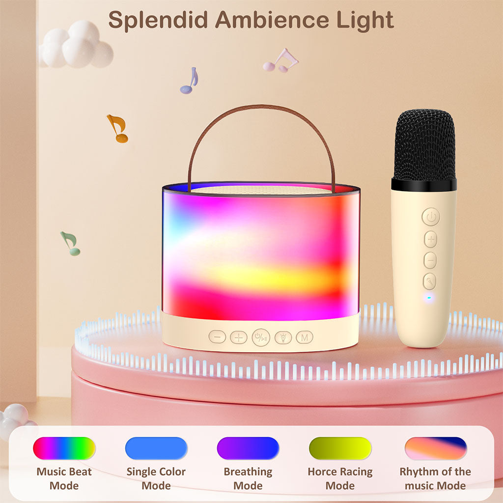 JYX D23 Mini Beige Karaoke Machine for kids with 1 wireless microphones, featuring splendid ambience light with 5 lighting modes.