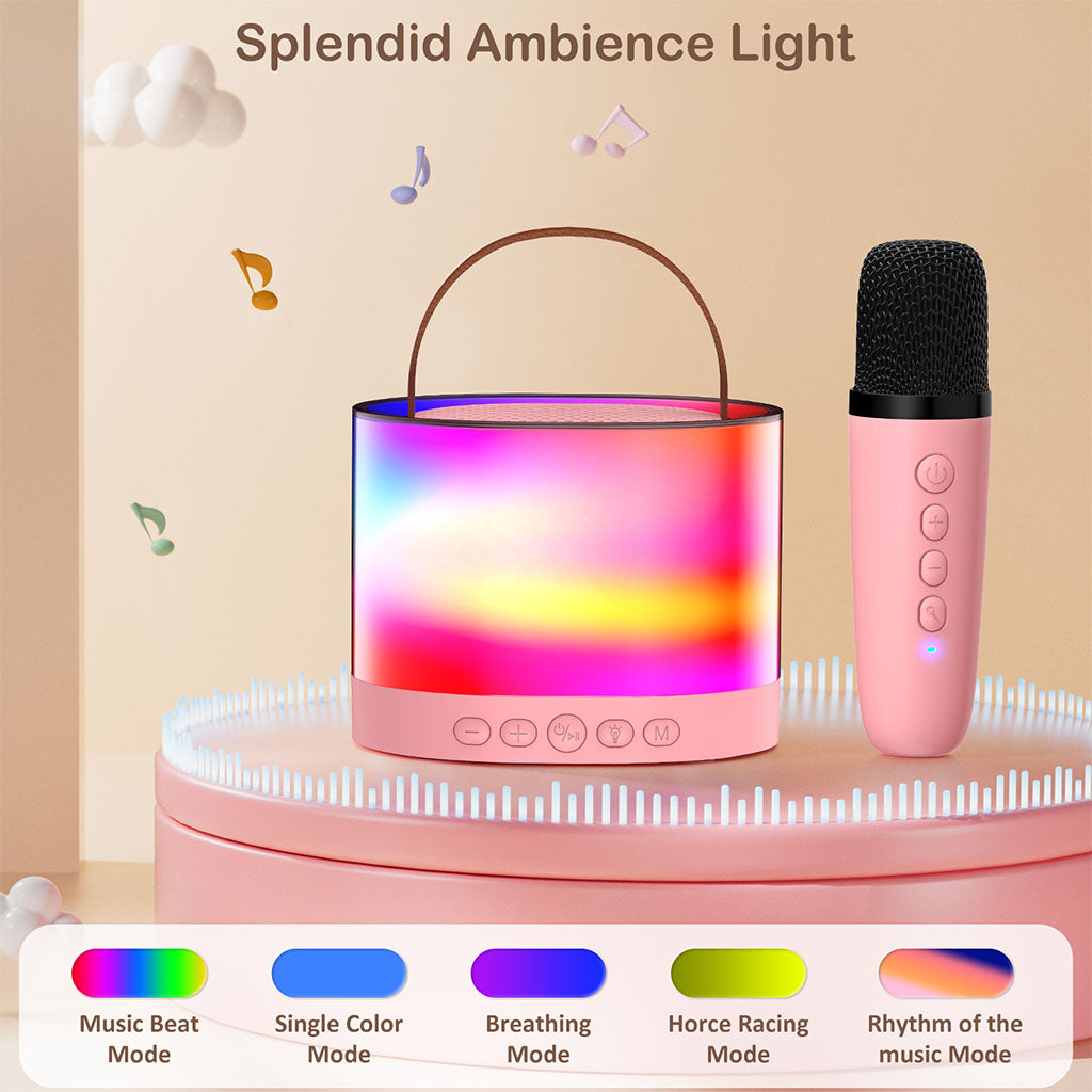 JYX D23 Mini Pinke Karaoke Machine for kids with 1 wireless microphones, featuring splendid ambience light with 5 lighting modes.