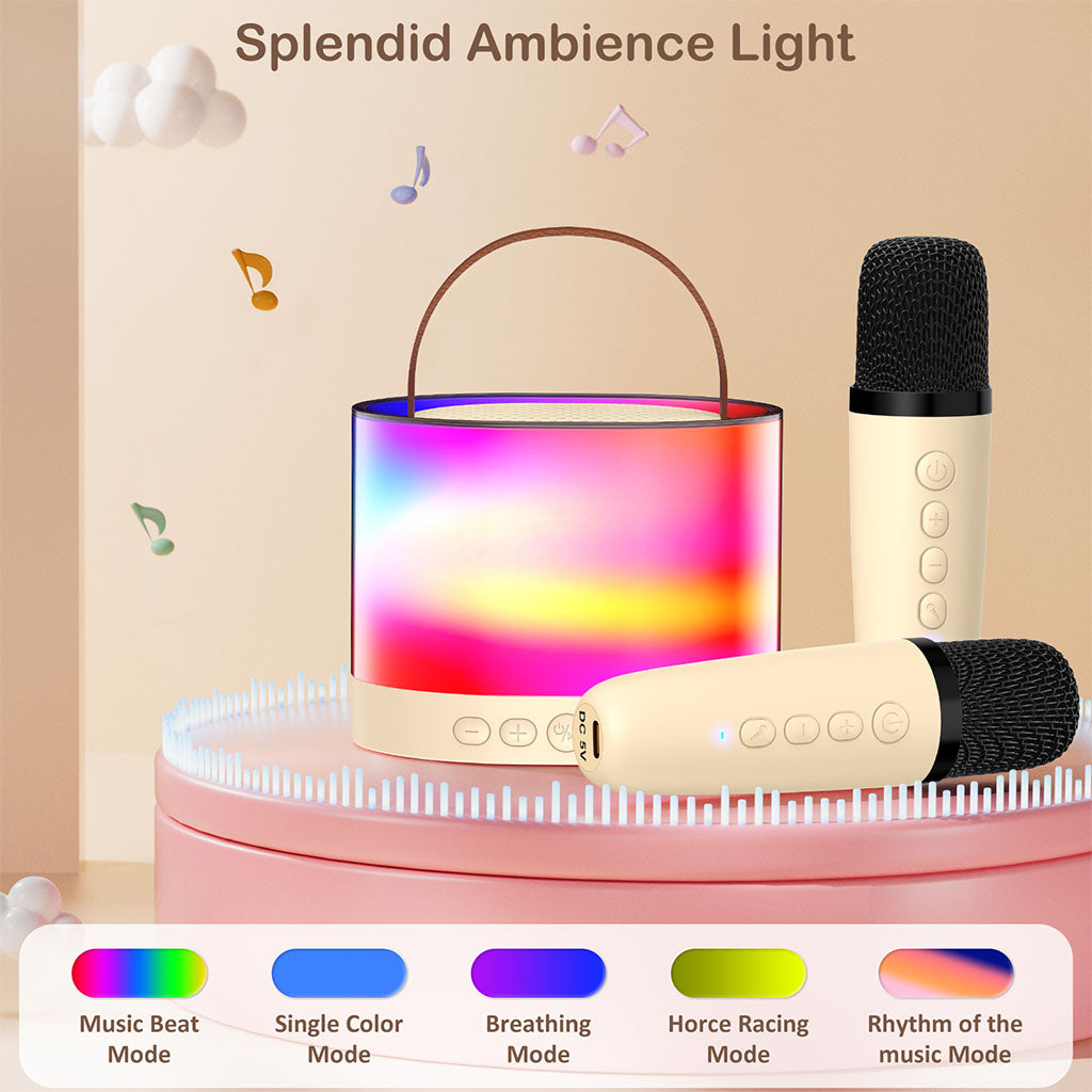 JYX D23 Mini Beige Karaoke Machine for kids with 2 wireless microphones, featuring splendid ambience light with 5 lighting modes.