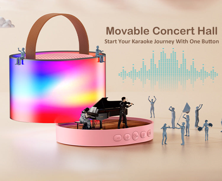 JYX D23 Mini Karaoke Machine for Kids with Wireless Microphones. Featuring a movable concert hall experience and one-button start for your karaoke journey.