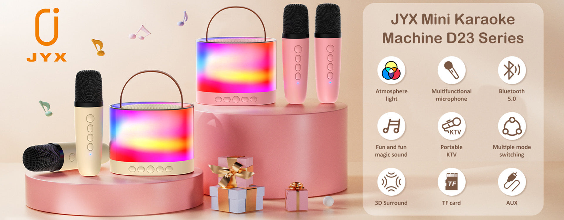 JYX D23 Mini Karaoke for kids with wireless microphones, featuring atmosphere light, Bluetooth 5.0, and portable KTV functionality.